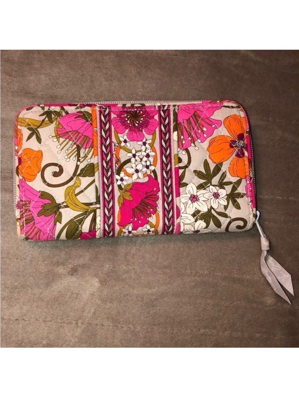 VB Tea Garden Gray Pink Orange White Fuchsia Quilted Floral Zip Around Wallet